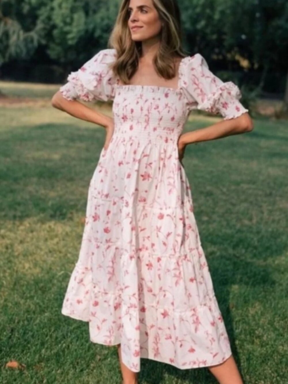 Hill House Nesli Nap Dress Flawless XS White Midi Dress with Pink Floral Print